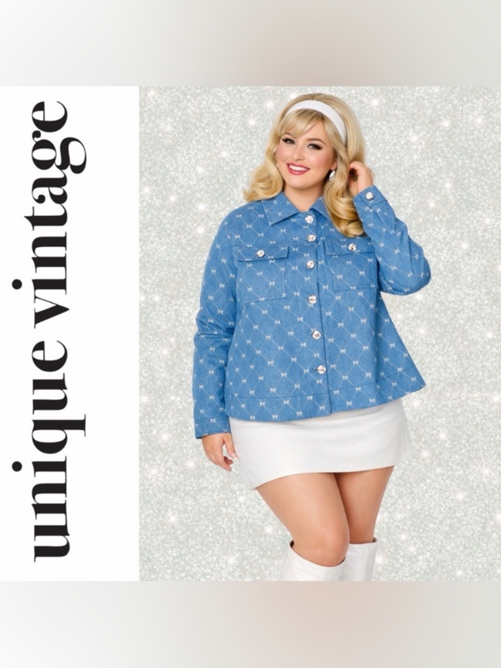 Unique Vintage Coquette Blue and White Bows & Rhinestones Denim Jacket, 1x, NWT!
